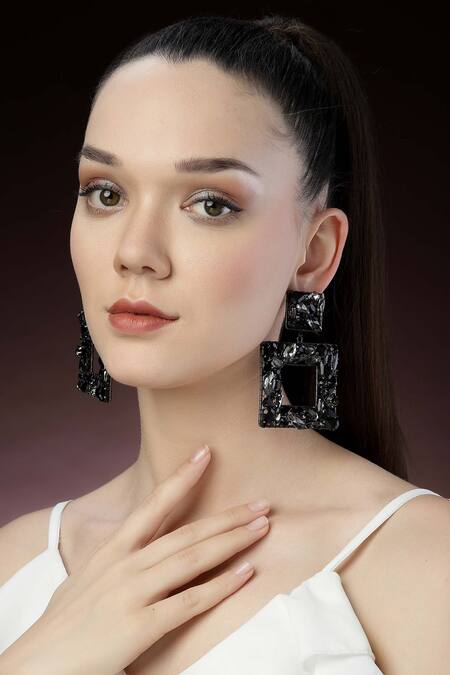 Bijoux By Priya Chandna_Black Crystals Square Motif Carved Earrings _Online_at_Aza_Fashions