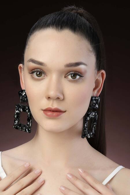 Buy_Bijoux By Priya Chandna_Black Crystals Square Motif Carved Earrings _Online_at_Aza_Fashions