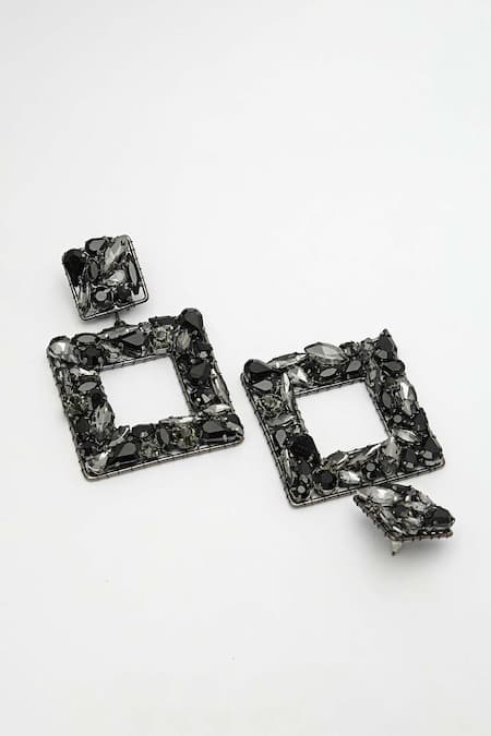 Shop_Bijoux By Priya Chandna_Black Crystals Square Motif Carved Earrings _Online_at_Aza_Fashions
