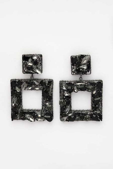 Bijoux By Priya Chandna_Black Crystals Square Motif Carved Earrings _at_Aza_Fashions