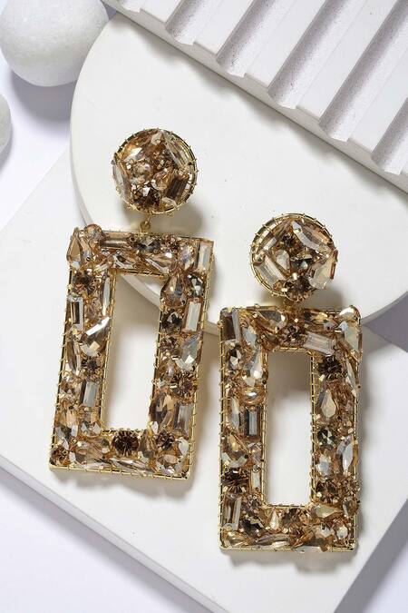 Shop_Bijoux By Priya Chandna_Gold Plated Crystals Rectangle Motif Carved Earrings _at_Aza_Fashions