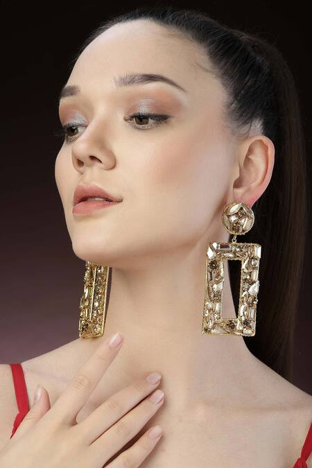 Bijoux By Priya Chandna_Gold Plated Crystals Rectangle Motif Carved Earrings _Online_at_Aza_Fashions