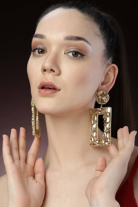 Buy_Bijoux By Priya Chandna_Gold Plated Crystals Rectangle Motif Carved Earrings _Online_at_Aza_Fashions
