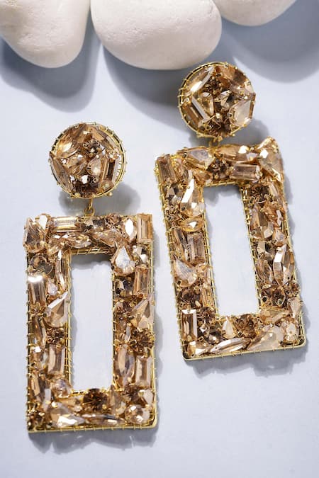 Shop_Bijoux By Priya Chandna_Gold Plated Crystals Rectangle Motif Carved Earrings _Online_at_Aza_Fashions