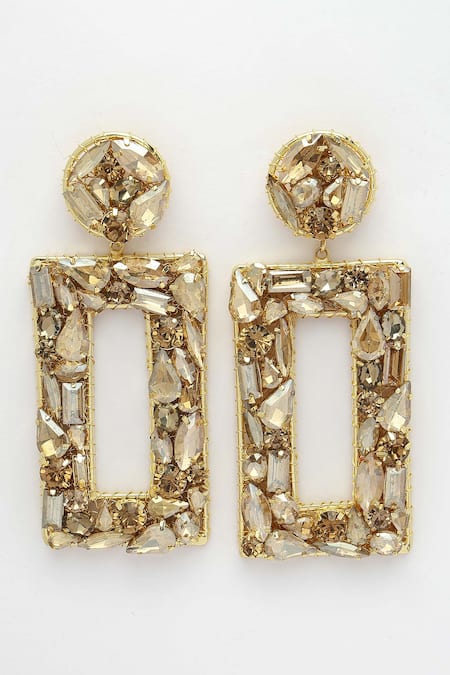 Bijoux By Priya Chandna_Gold Plated Crystals Rectangle Motif Carved Earrings _at_Aza_Fashions