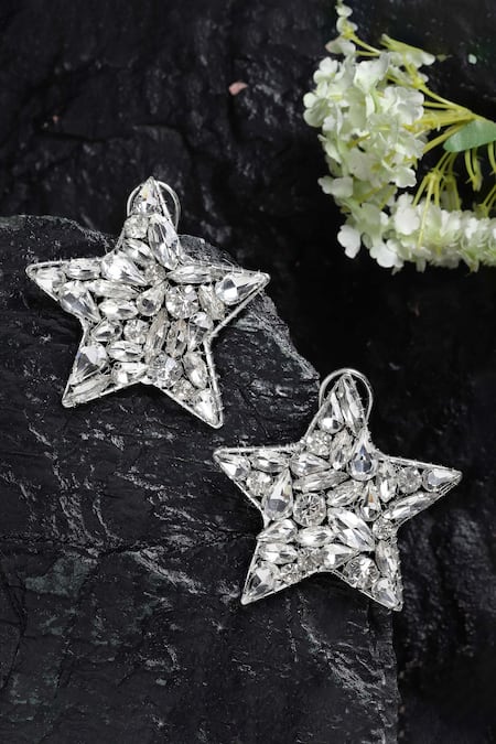 Shop_Bijoux By Priya Chandna_Silver Plated Crystals Star Shaped Earrings _at_Aza_Fashions