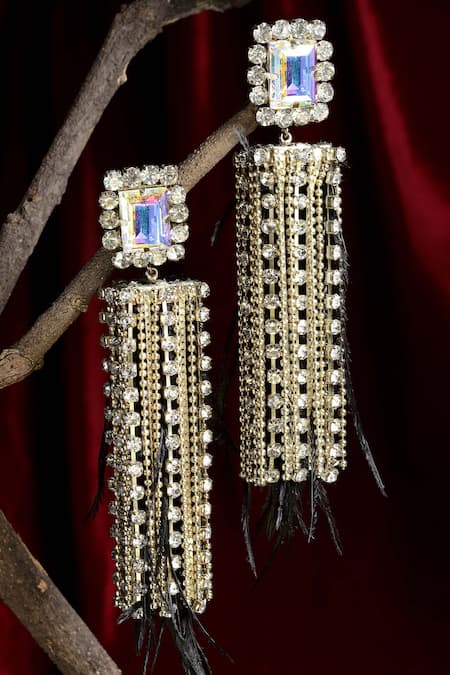 Shop_Bijoux By Priya Chandna_Black Crystals, Feathers Shoulder Duster Earrings _at_Aza_Fashions