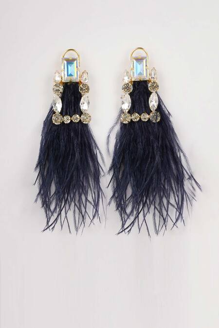 Shop_Bijoux By Priya Chandna_Blue Crystals, Feathers Contrast Dangler Earrings _at_Aza_Fashions
