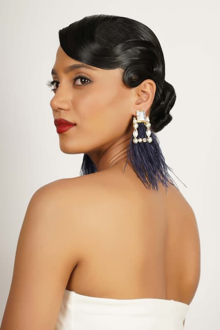 Bijoux By Priya Chandna_Blue Crystals, Feathers Contrast Dangler Earrings _Online_at_Aza_Fashions