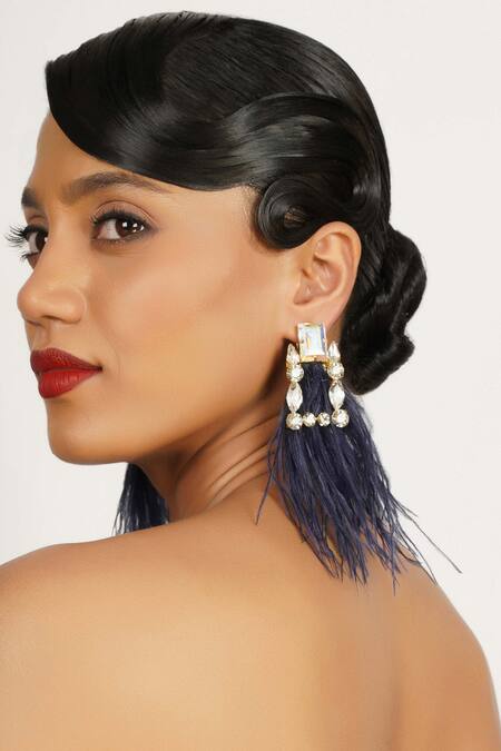 Buy_Bijoux By Priya Chandna_Blue Crystals, Feathers Contrast Dangler Earrings _Online_at_Aza_Fashions