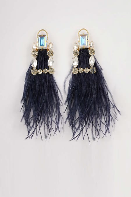 Shop_Bijoux By Priya Chandna_Blue Crystals, Feathers Contrast Dangler Earrings _Online_at_Aza_Fashions