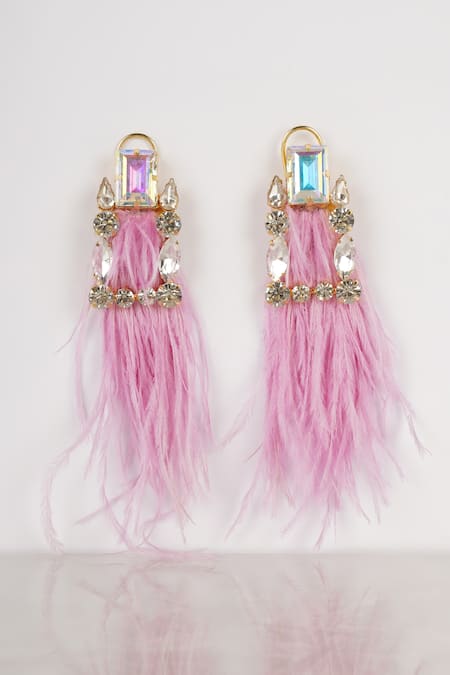 Shop_Bijoux By Priya Chandna_Pink Crystals, Feathers Square Frame Earrings _at_Aza_Fashions