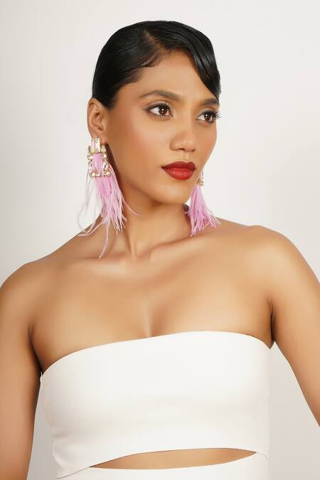 Buy_Bijoux By Priya Chandna_Pink Crystals, Feathers Square Frame Earrings _Online_at_Aza_Fashions
