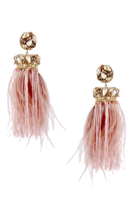Shop_Bijoux By Priya Chandna_Pink Crystals, Feathers And Dangler Earrings _at_Aza_Fashions