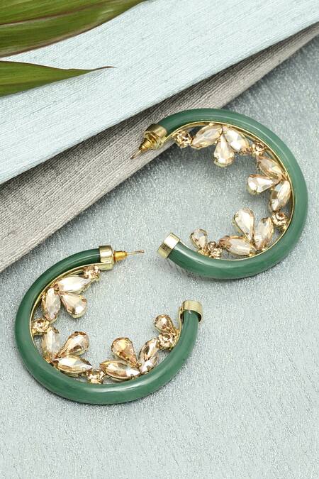 Shop_Bijoux By Priya Chandna_Green Crystals Half Hoop Earrings _at_Aza_Fashions