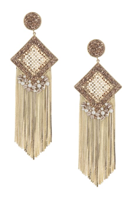 Shop_Bijoux By Priya Chandna_Gold Plated Mirrors, Pearls, Stones Diamond Shaped Tassel Drop Earrings _at_Aza_Fashions