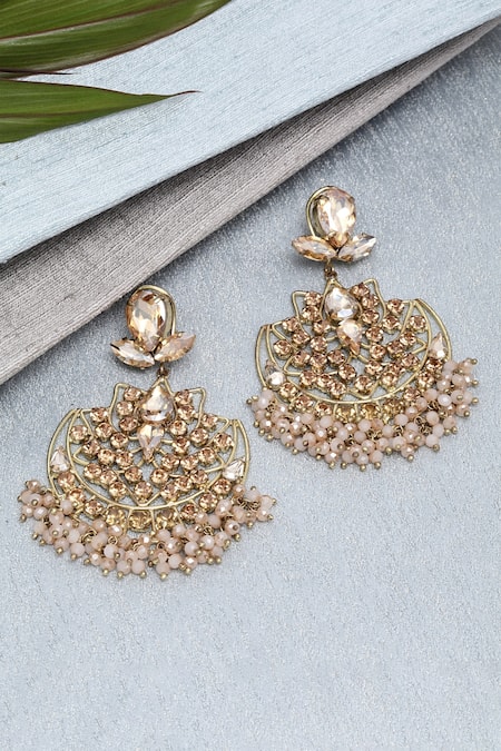 Shop_Bijoux By Priya Chandna_Gold Plated Crystals, Pearls Embellished Chandelier Earrings _at_Aza_Fashions