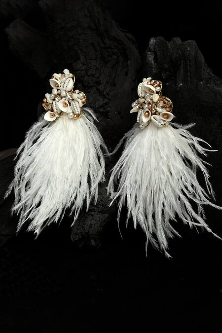 Shop_Bijoux By Priya Chandna_White Crystals, Pearls, Sequins Feather Tasselled Earrings _at_Aza_Fashions