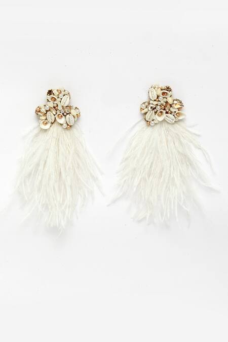 Bijoux By Priya Chandna_White Crystals, Pearls, Sequins Feather Tasselled Earrings _Online_at_Aza_Fashions