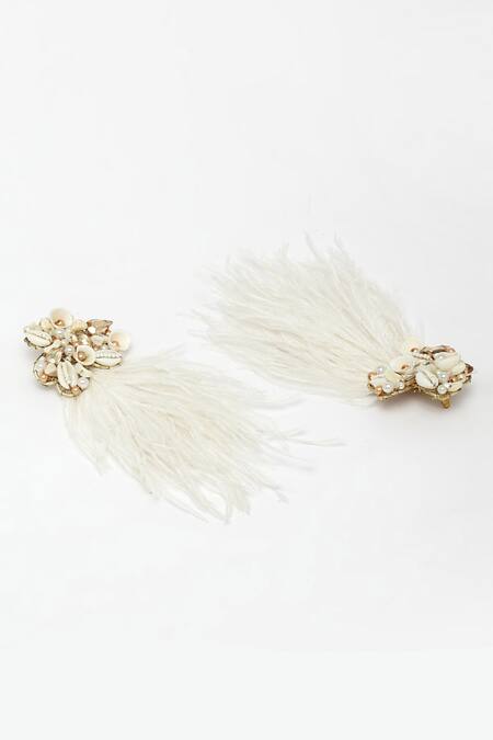 Buy_Bijoux By Priya Chandna_White Crystals, Pearls, Sequins Feather Tasselled Earrings _Online_at_Aza_Fashions