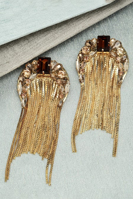 Shop_Bijoux By Priya Chandna_Gold Plated Crystals Waterfall Chain Earrings _at_Aza_Fashions