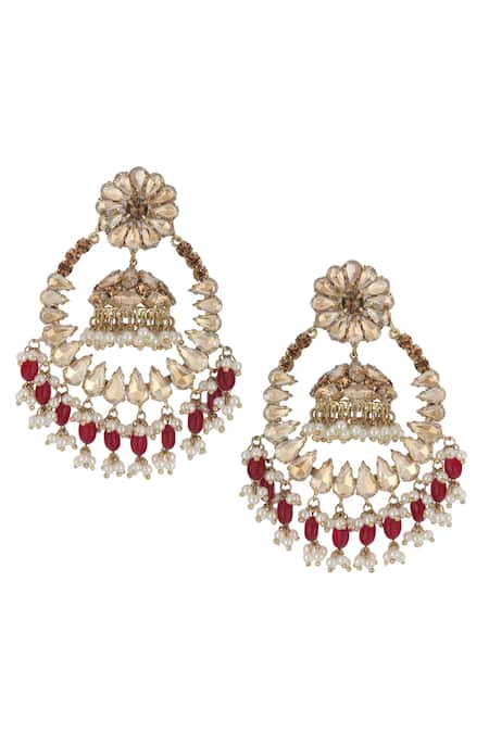 Shop_Bijoux By Priya Chandna_Gold Plated Crystals, Pearls, Stones Chandelier Jhumka Earrings _at_Aza_Fashions