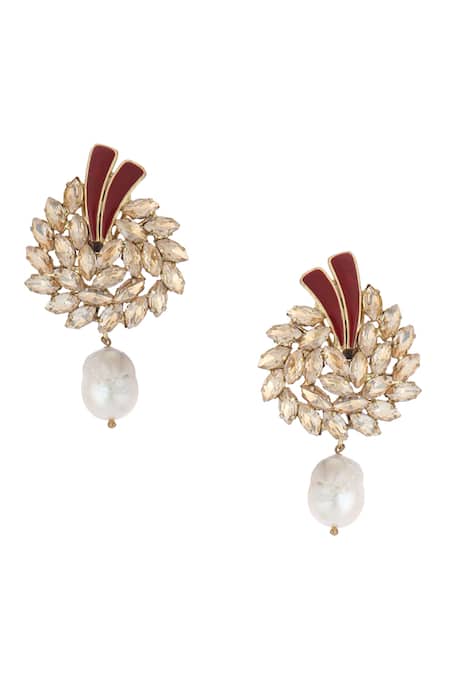 Shop_Bijoux By Priya Chandna_Gold Plated Crystals, Pearls Floral Carved Dangler Earrings _at_Aza_Fashions