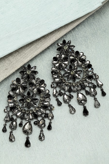 Shop_Bijoux By Priya Chandna_Black Crystals Smoke Embellished Earrings _at_Aza_Fashions