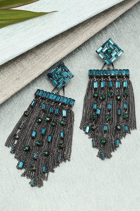 Shop_Bijoux By Priya Chandna_Green Crystals Waterfall Dangler Earrings _at_Aza_Fashions
