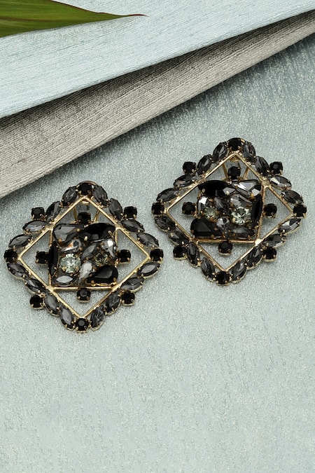 Shop_Bijoux By Priya Chandna_Black Crystals Diamond Carved Studs _at_Aza_Fashions
