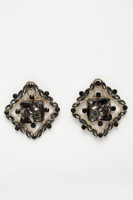 Bijoux By Priya Chandna_Black Crystals Diamond Carved Studs _Online_at_Aza_Fashions