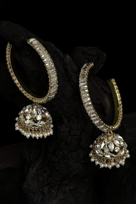 Shop_Bijoux By Priya Chandna_Gold Plated Crystals Embellished Jhumka Hoops _at_Aza_Fashions