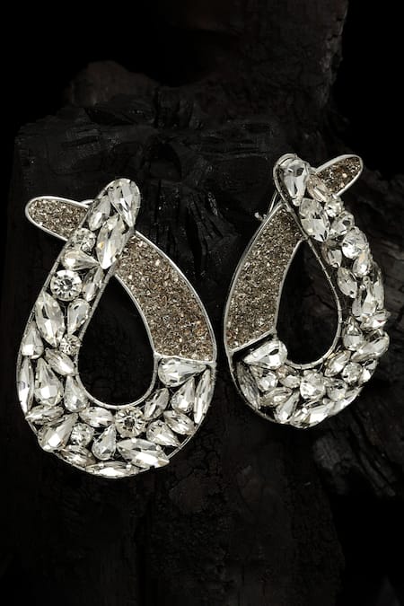 Shop Bijoux By Priya Chandna Silver Plated Crystals Tear Carved Earrings at Aza Fashions Shop_Bijoux By Priya Chandna_Silver Plated Crystals Tear Carved Earrings _at_Aza_Fashions