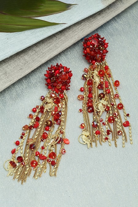 Shop_Bijoux By Priya Chandna_Red Crystals, Chains Beaded Waterfall Earrings _at_Aza_Fashions
