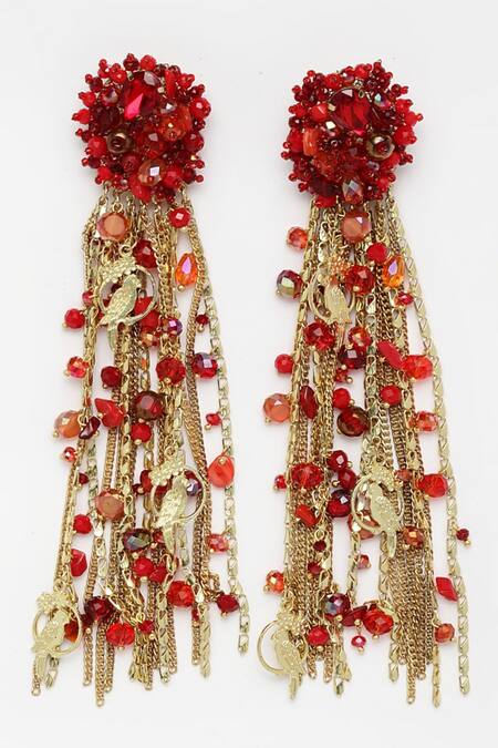 Bijoux By Priya Chandna_Red Crystals, Chains Beaded Waterfall Earrings _Online_at_Aza_Fashions