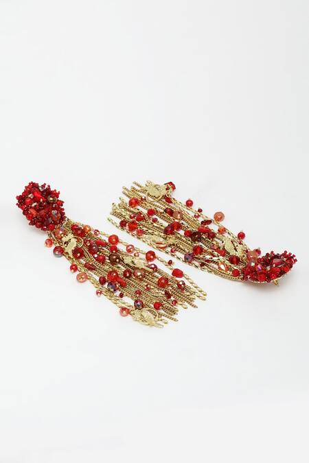 Buy_Bijoux By Priya Chandna_Red Crystals, Chains Beaded Waterfall Earrings _Online_at_Aza_Fashions
