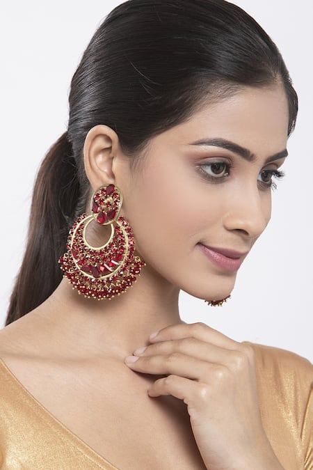 Bijoux By Priya Chandna Red Crystal Embellished Chandbali Earrings 