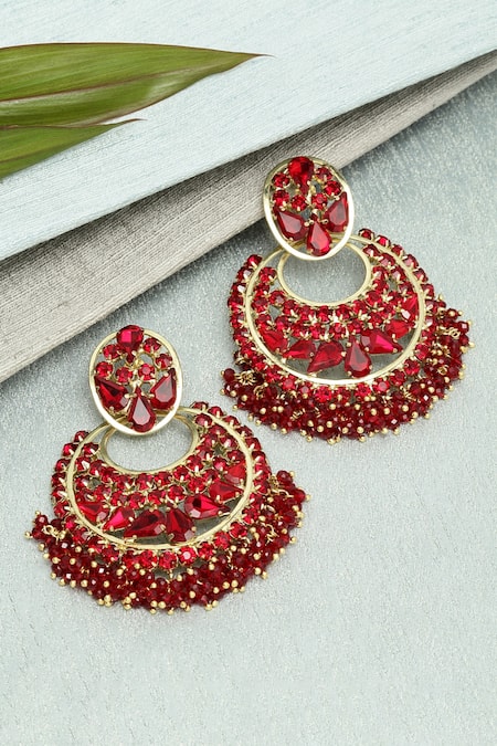 Shop_Bijoux By Priya Chandna_Red Crystals, Beads Embellished Chandbali Earrings _at_Aza_Fashions