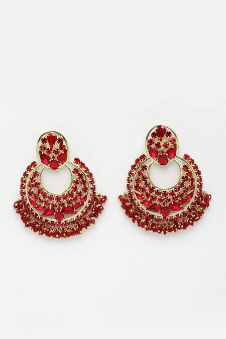 Bijoux By Priya Chandna_Red Crystals, Beads Embellished Chandbali Earrings _Online_at_Aza_Fashions