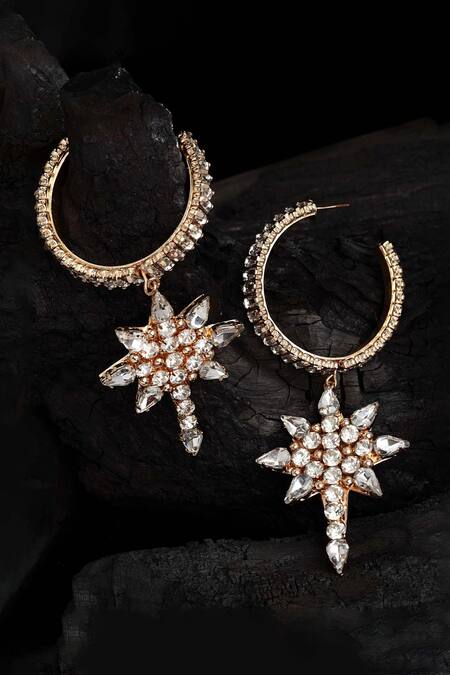 Shop_Bijoux By Priya Chandna_Gold Plated Crystals, Stones Star Carved Drop Earrings _at_Aza_Fashions
