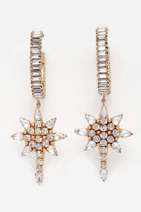 Bijoux By Priya Chandna_Gold Plated Crystals, Stones Star Carved Drop Earrings _Online_at_Aza_Fashions