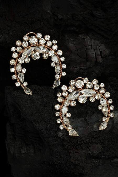 Shop_Bijoux By Priya Chandna_Gold Plated Crystals, Stones Crescent Shaped Earrings _at_Aza_Fashions