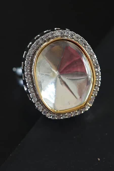Do Taara_Silver Plated Crystals, Diamonds Polki Studded Ring _Online_at_Aza_Fashions