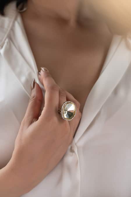 Buy_Do Taara_Silver Plated Crystals, Diamonds Polki Studded Ring _Online_at_Aza_Fashions