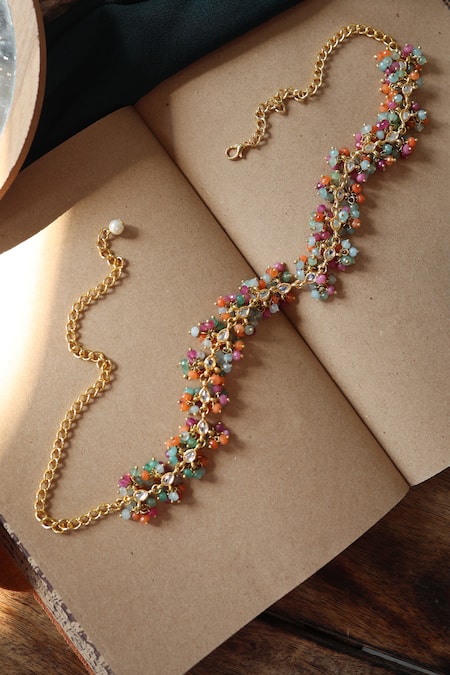 Shop_Do Taara_Multi Color Kundan Onyx Beaded Headband _at_Aza_Fashions