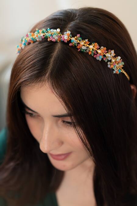 Buy_Do Taara_Multi Color Kundan Onyx Beaded Headband _Online_at_Aza_Fashions