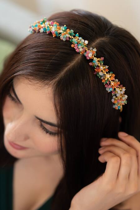 Shop_Do Taara_Multi Color Kundan Onyx Beaded Headband _Online_at_Aza_Fashions