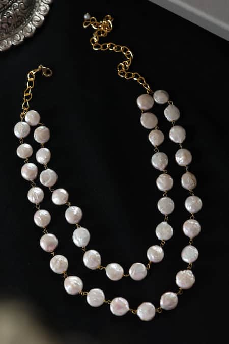 Shop_Do Taara_White Coin Pearl Layered Necklace _at_Aza_Fashions