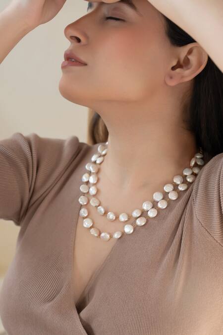 Buy_Do Taara_White Coin Pearl Layered Necklace _Online_at_Aza_Fashions