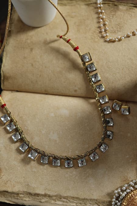 Shop Do Taara Gold Plated Stones Square Kundan Embellished Choker Set at Aza Fashions Shop_Do Taara_Gold Plated Stones Square Kundan Embellished Choker Set _at_Aza_Fashions